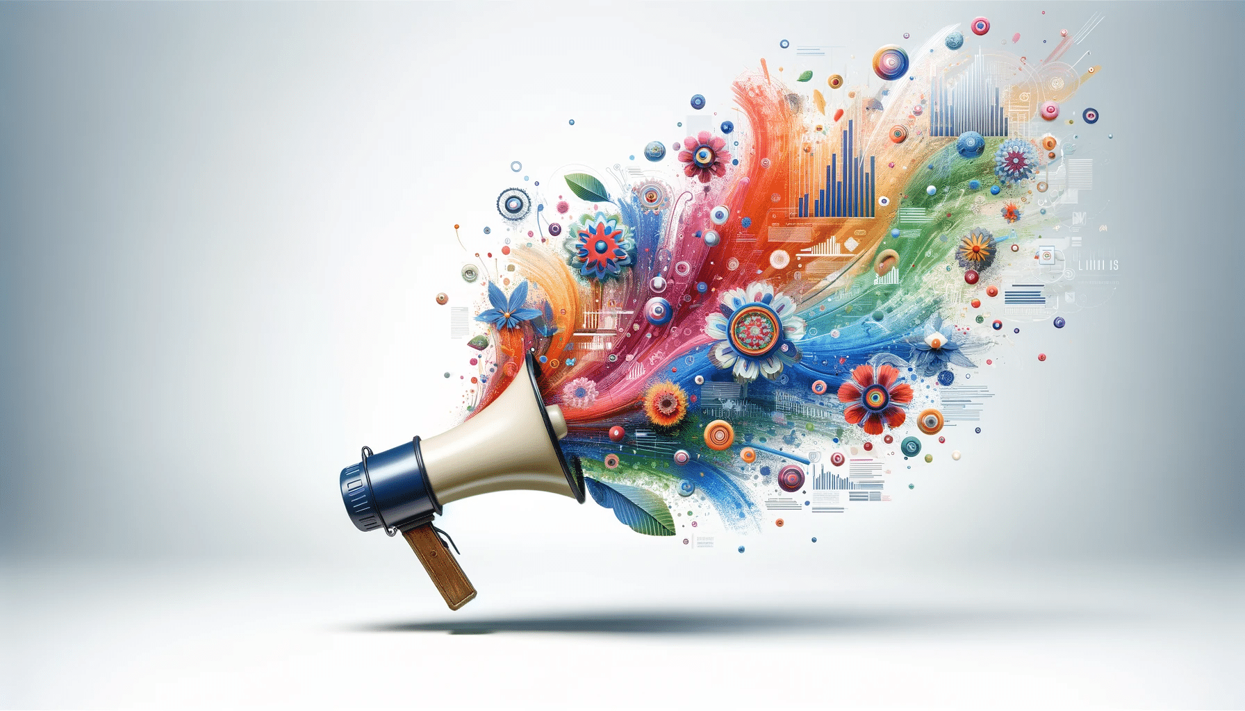 a floating megaphone with colorful floral motifs and data patterns flowing out