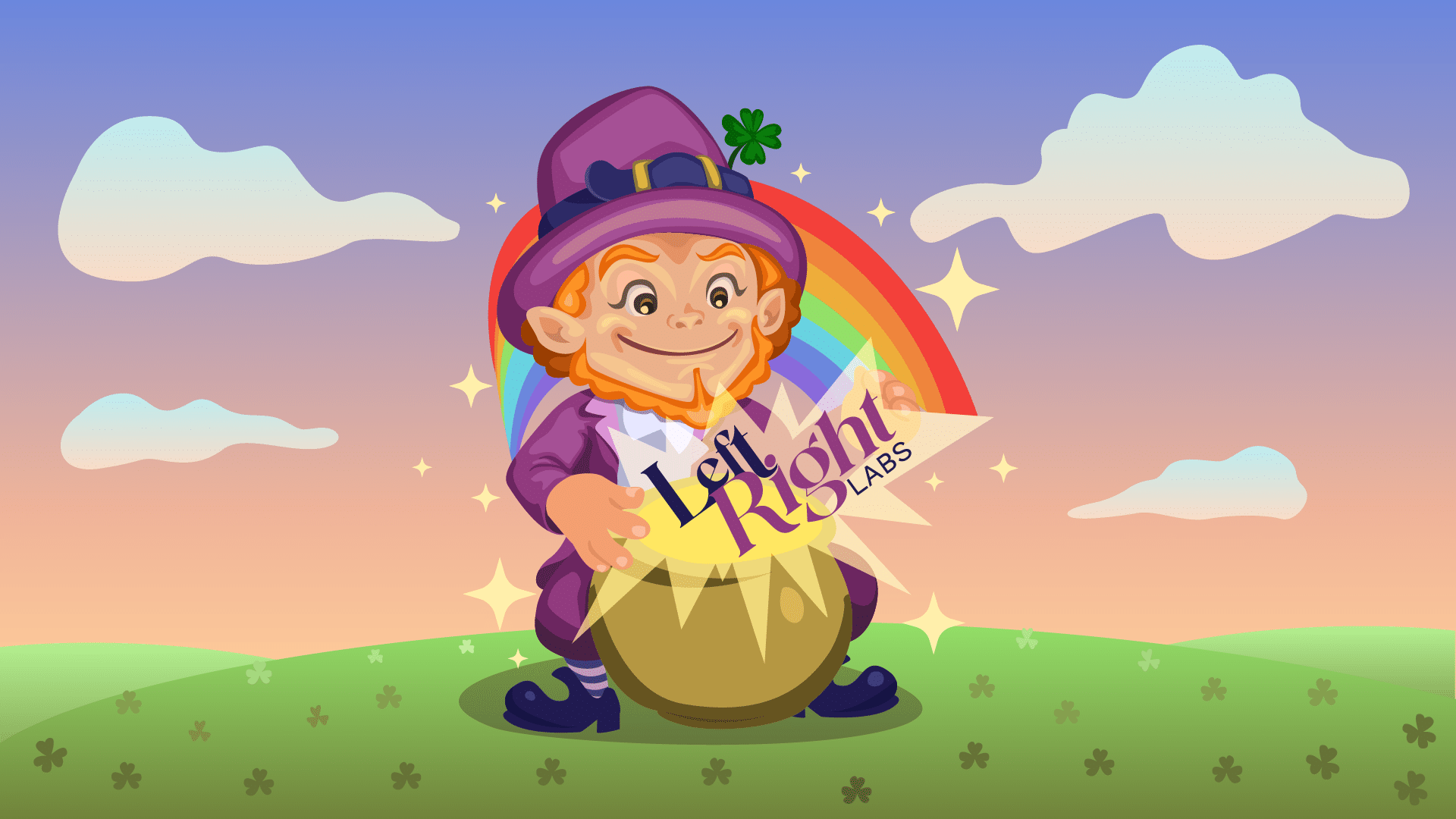 Leprechaun pulling a Left Right Labs logo out of a pot of gold