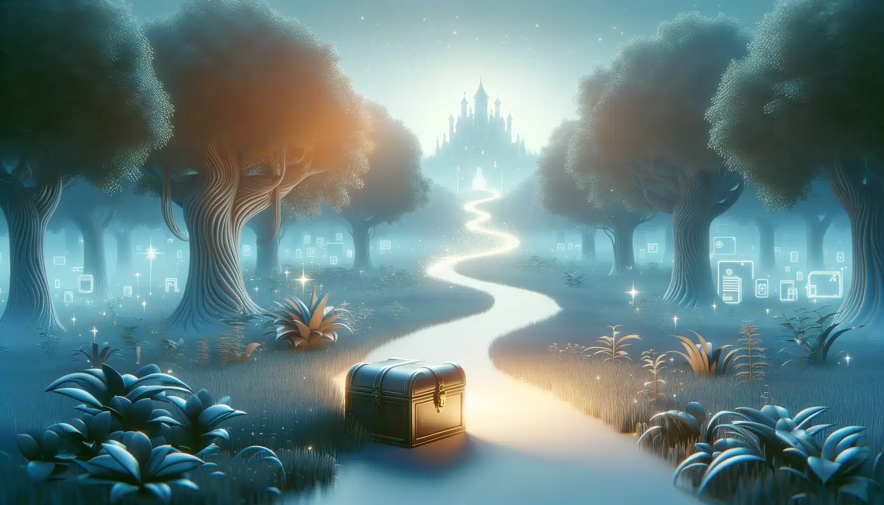 Whimsical scene of a path with a treasure chest