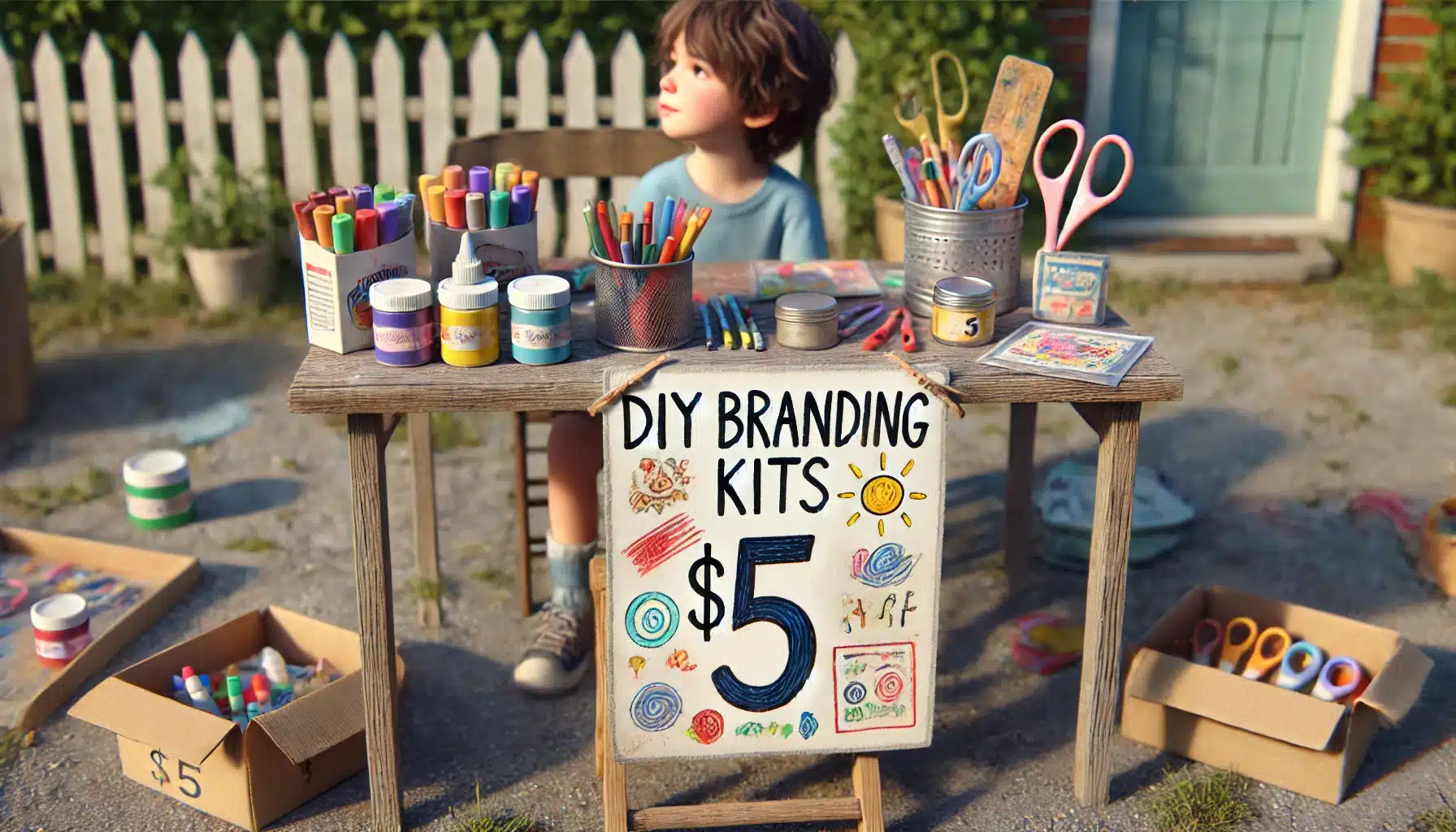 Kid selling art supplies at a yard sale under a sign that reads "DIY Branding Kits $5"