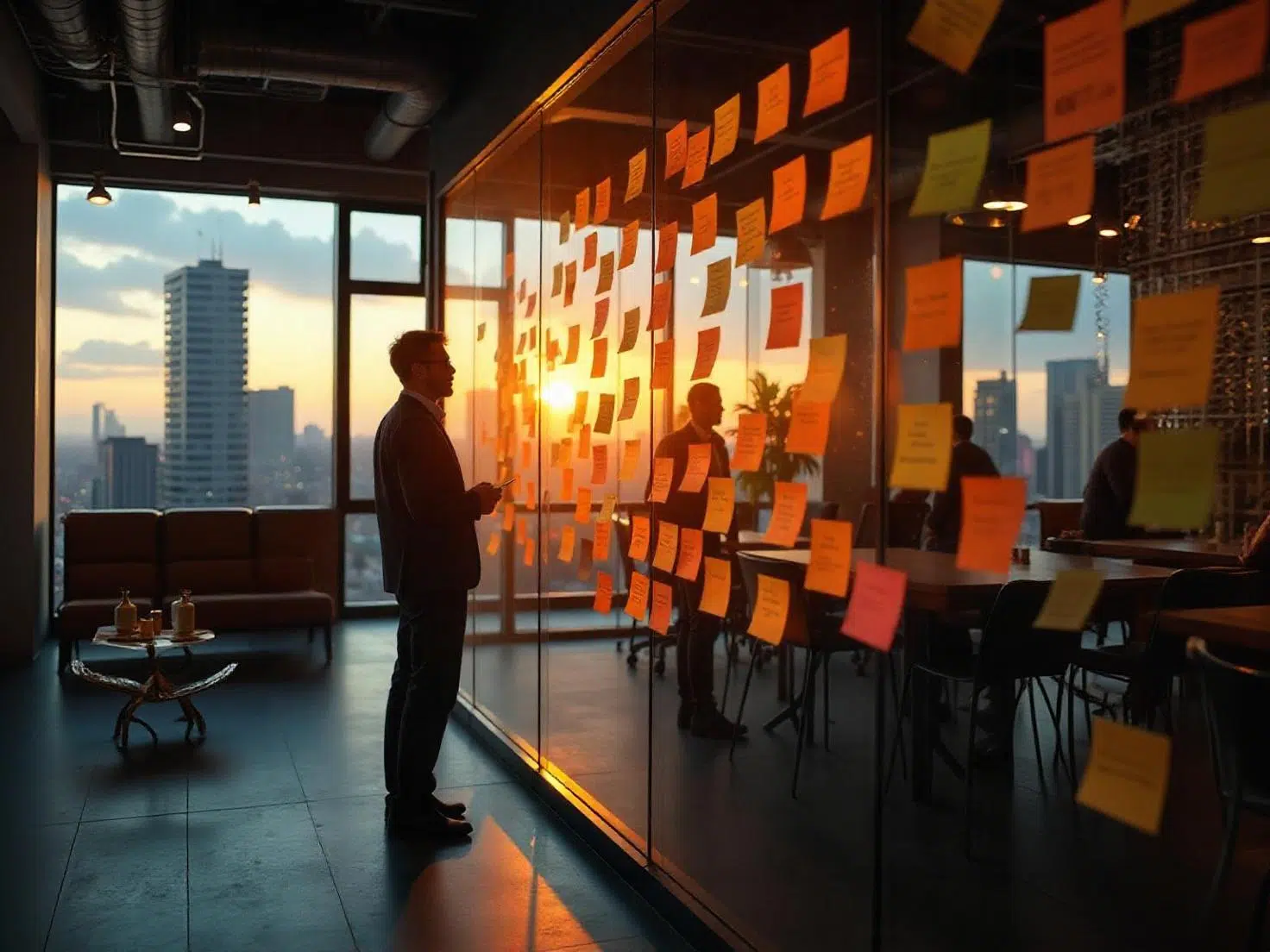 Business owner staring at a large wall of sticky notes